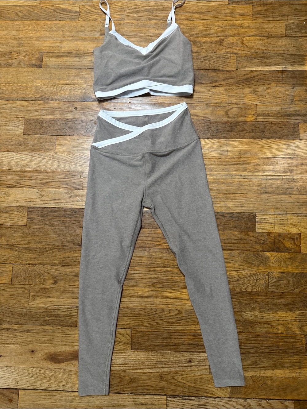 Beyond Yoga Taupe set with White Trim